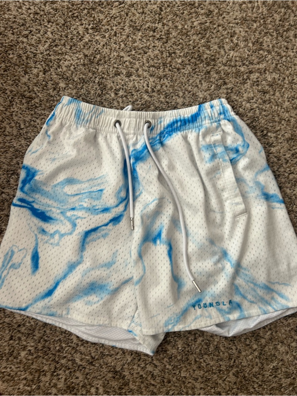 YoungLA White & Blue Marble Athletic Shorts